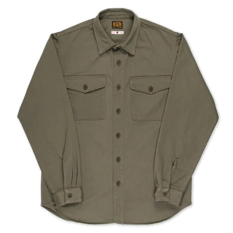 【Benzak Denim Developers】BWS-04 SCOUT OVERSHIRT 9.5 oz. olive green military sateen / 日本軍用布料 偵查兵襯衫 sold by Blue Beach Denim