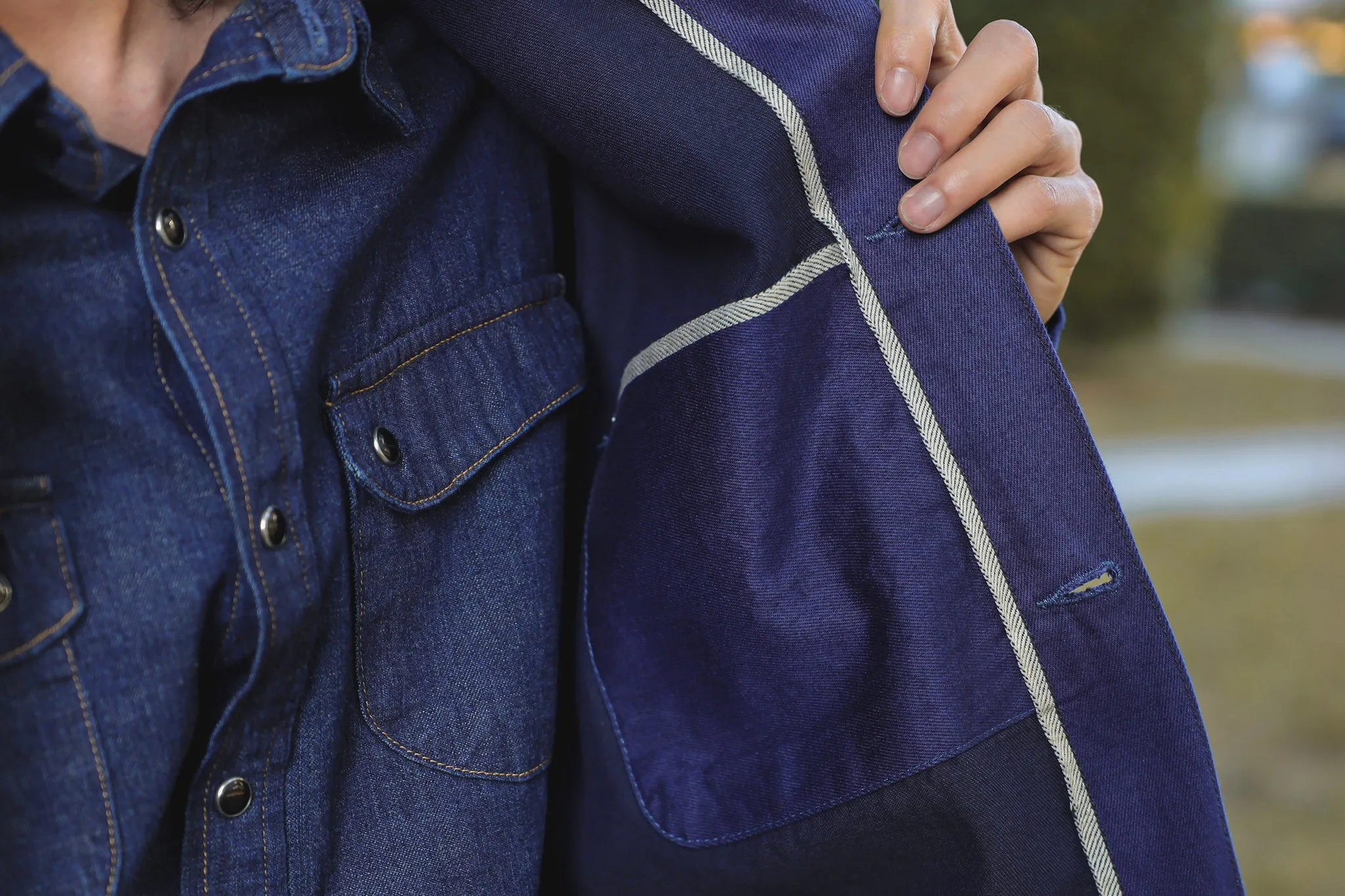 【Benzak Denim Developers】BWJ-01 WORKER JACKET 10.5 oz. blue x black worker selvedge / 義大利斜紋布 雙染法式工裝夾克 sold by Blue Beach Denim product image thumbnail 5