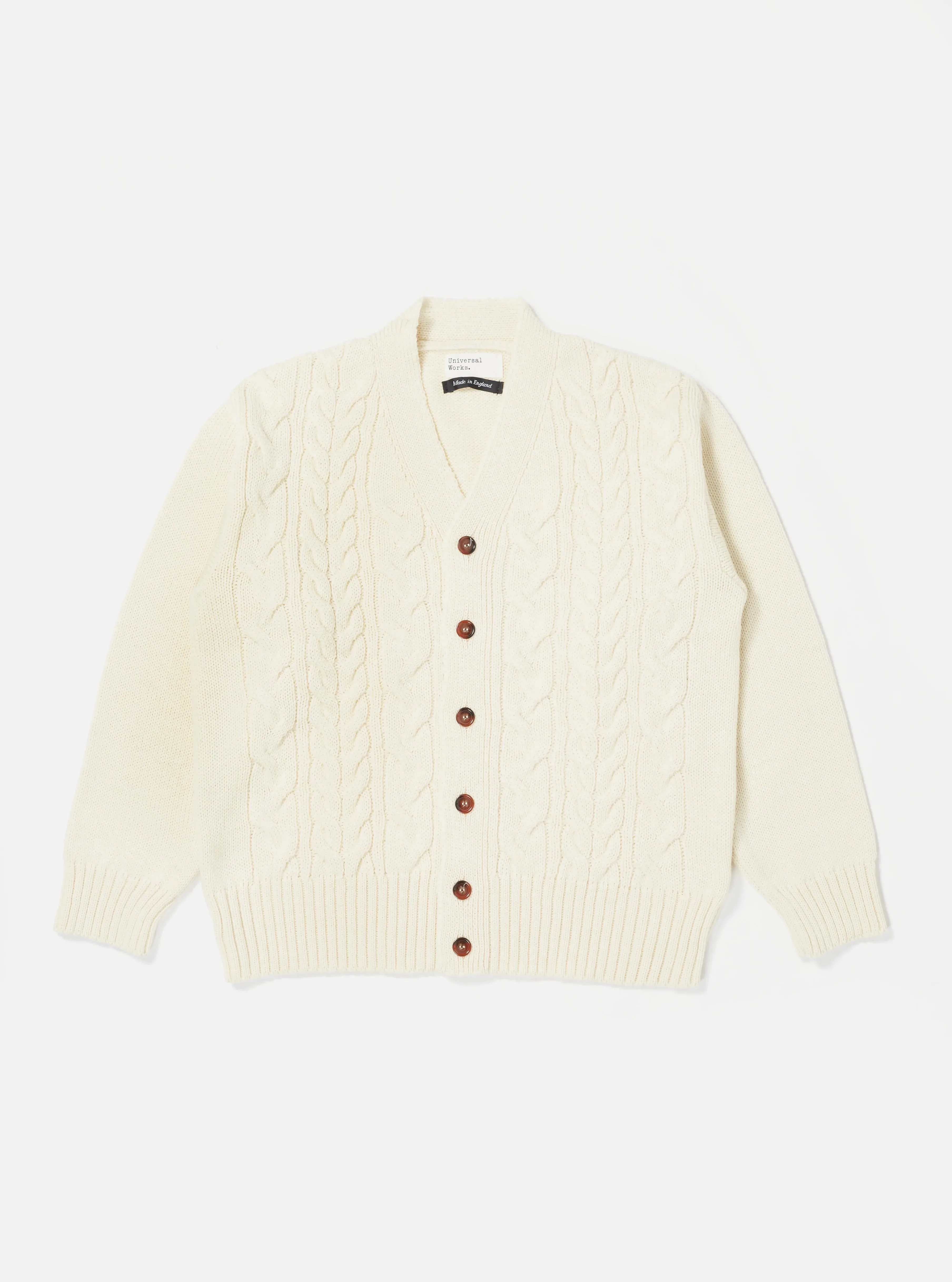 【Universal Works】Cable Knit Cardigan In Ecru Soft Wool 親膚羊毛針織毛衣 sold by Blue Beach Denim