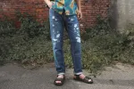 【Nudie Jeans】Steady Eddie II Stitched Blue 13oz 手縫感破壞補釘高腰修身錐形牛仔褲 sold by Blue Beach Denim