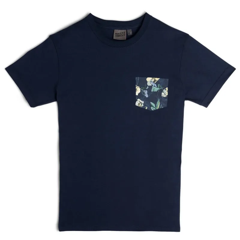 【Naked and Famous】Pocket Tee - Navy + Flower Painting - Navy／花朵口袋海軍藍短T sold by Blue Beach Denim