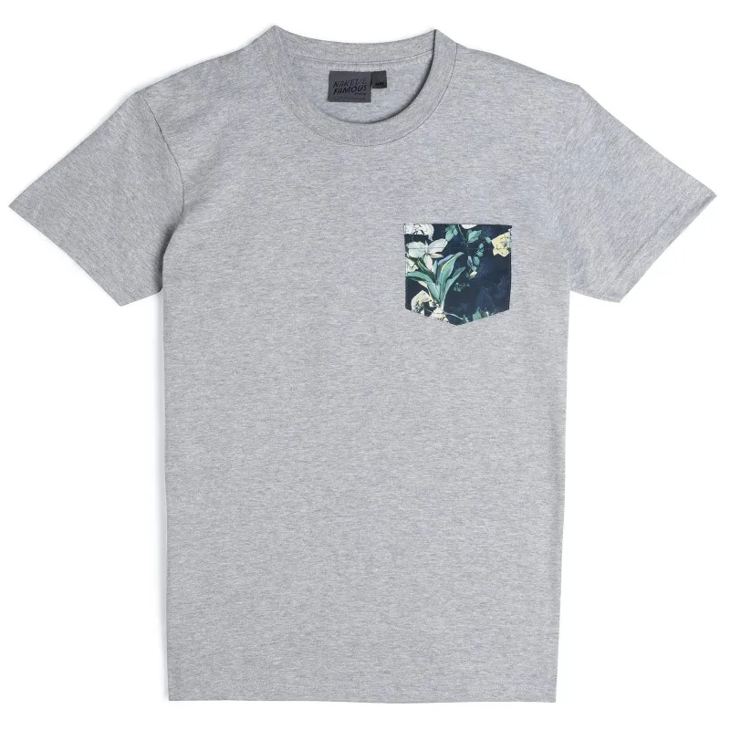 【Naked and Famous】Pocket Tee - Heather Grey + Flower Painting - Navy/花朵口袋灰色短T sold by Blue Beach Denim