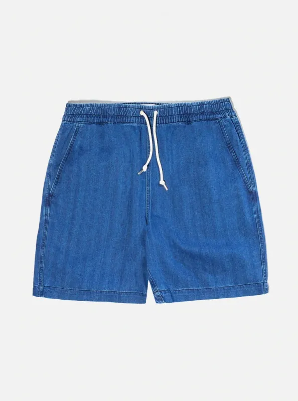 【Universal Works】Beach Short In Washed Indigo Herringbone Denim／水洗人字紋海灘短褲 sold by Blue Beach Denim