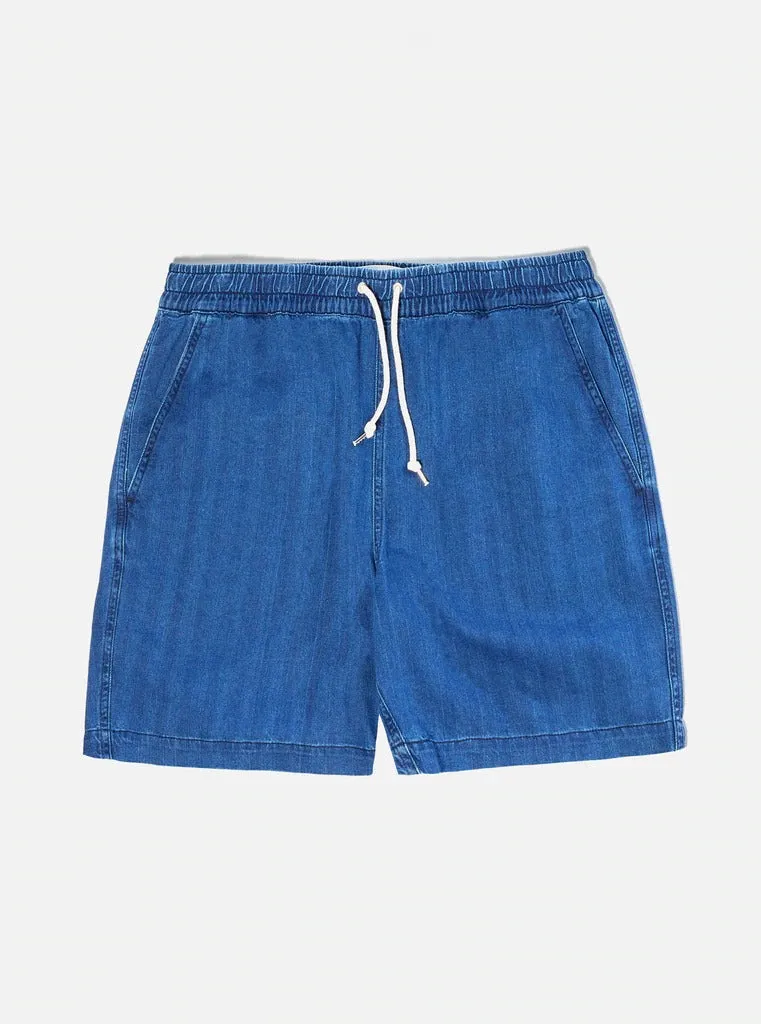 【Universal Works】Beach Short In Washed Indigo Herringbone Denim/水洗人字紋海灘短褲 sold by Blue Beach Denim