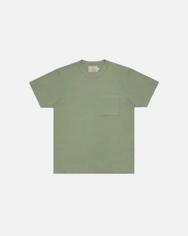 【Dehen 1920】Heavy Duty Tee - Single Pocket－Sage / 老織機純棉灰綠色口袋素T sold by Blue Beach Denim