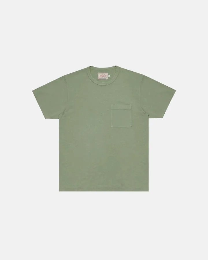 【Dehen 1920】Heavy Duty Tee - Single Pocket-Sage / 老織機純棉灰綠色口袋素T sold by Blue Beach Denim