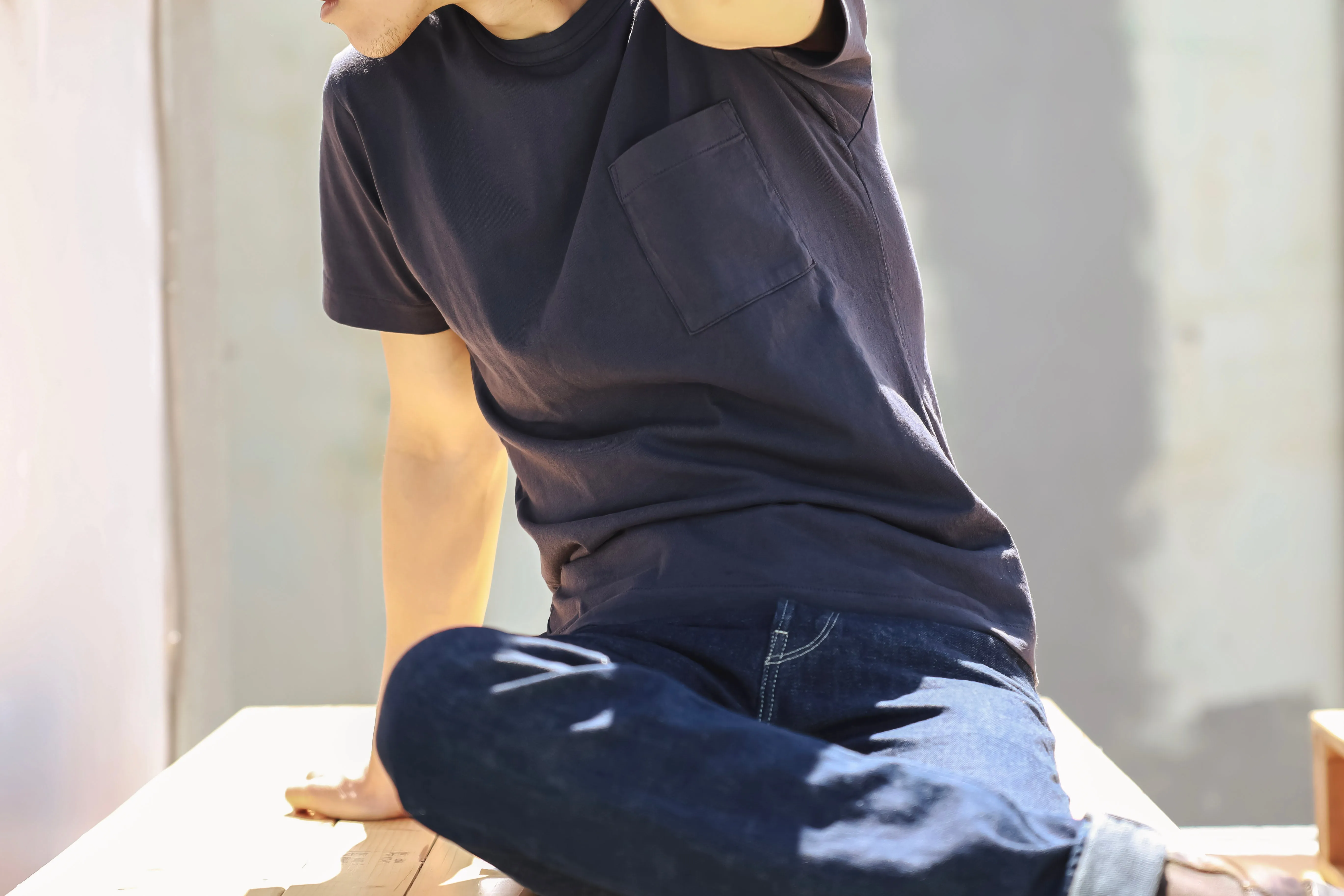 【Dehen 1920】Heavy Duty Tee - Single Pocket-Navy / 老織機純棉海軍藍口袋素T sold by Blue Beach Denim product image thumbnail 3