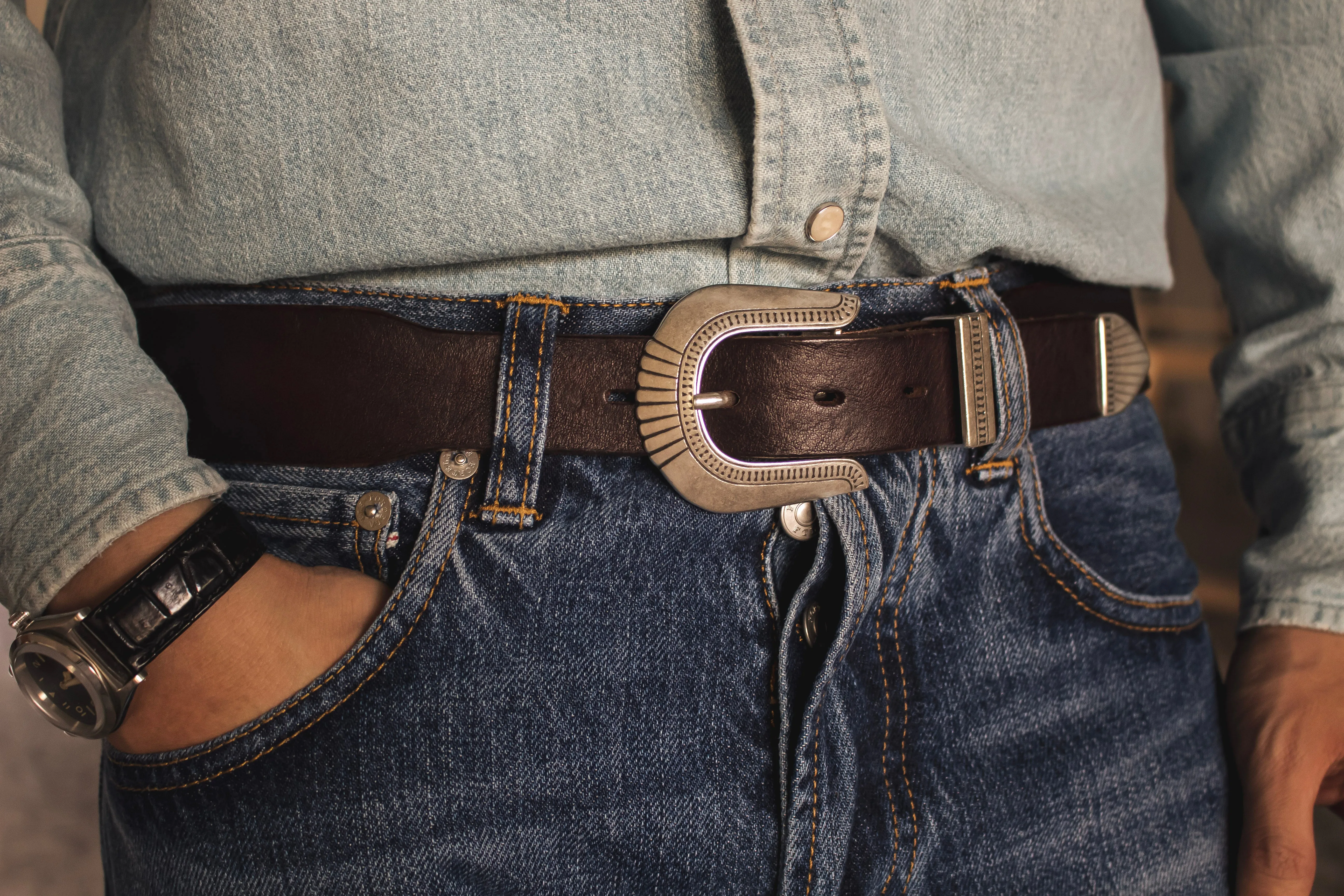 【Shangri-La Heritage】“Rodeo” Western Belt / 全粒面深咖啡茶芯牛皮牛仔競技西部皮帶 sold by Blue Beach Denim product image thumbnail 5