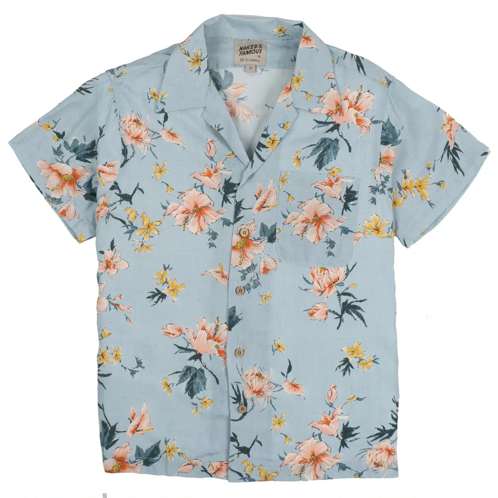 【Naked and Famous】Aloha Shirt Silky Flowers - Pale Blue/絲質夏威夷灰藍花襯衫 sold by Blue Beach Denim
