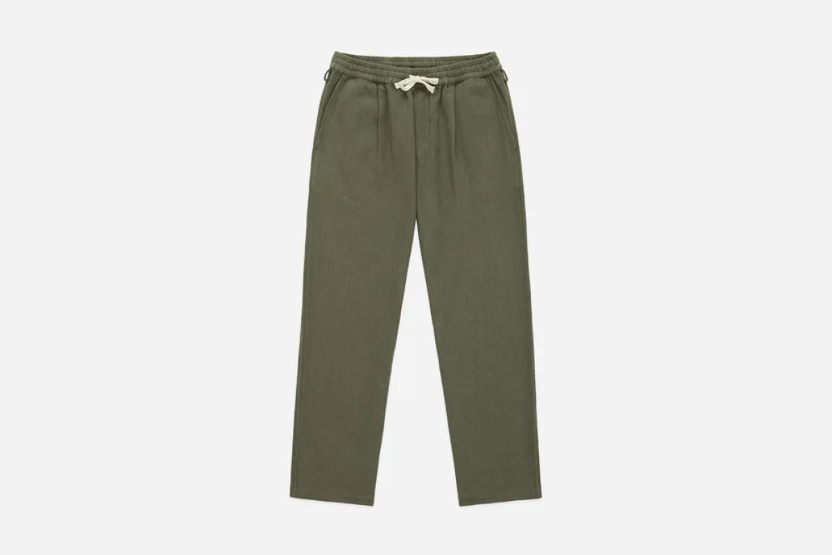 【3sixteen】Easy Pant Olive Cotton/Linen 淺綠色棉麻混紡休閒綁帶長褲 sold by Blue Beach Denim