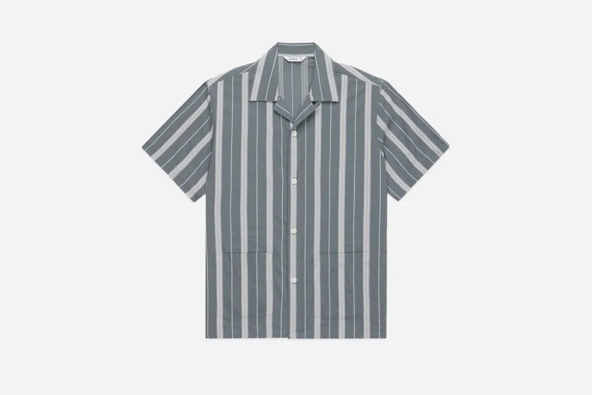 【3sixteen】Cabana Shirt Sage Ticking Stripe 鼠尾草藍立體條紋古巴襯衫 sold by Blue Beach Denim