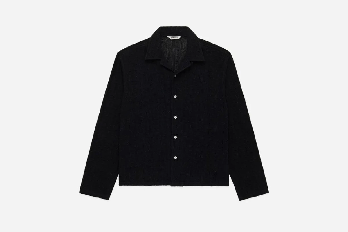 【3sixteen】Loop Collar Shirt Black Mesh 水洗黑手織感網布古巴領開襟衫 sold by Blue Beach Denim