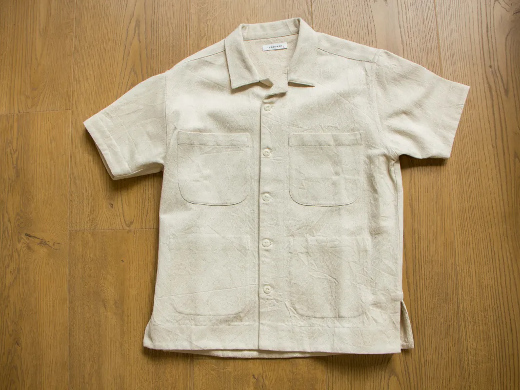 【INDI+ASH】Reversible Lake Camp Shirt Natural 手染手織魚骨紋雙面穿厚磅短袖襯衫天然色 sold by Blue Beach Denim