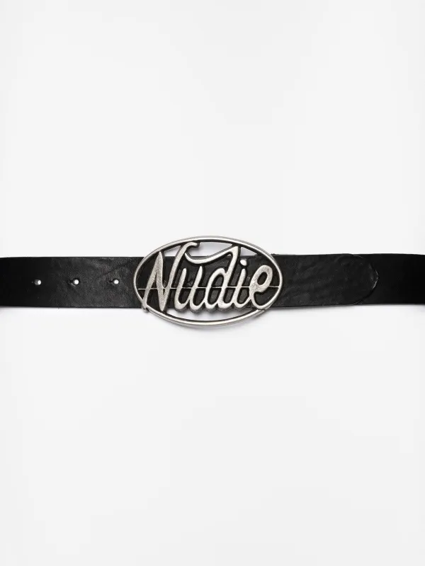 【Nudie Jeans】Nudie Buckle Leather Belt Black 復古LOGO皮帶扣 sold by Blue Beach Denim