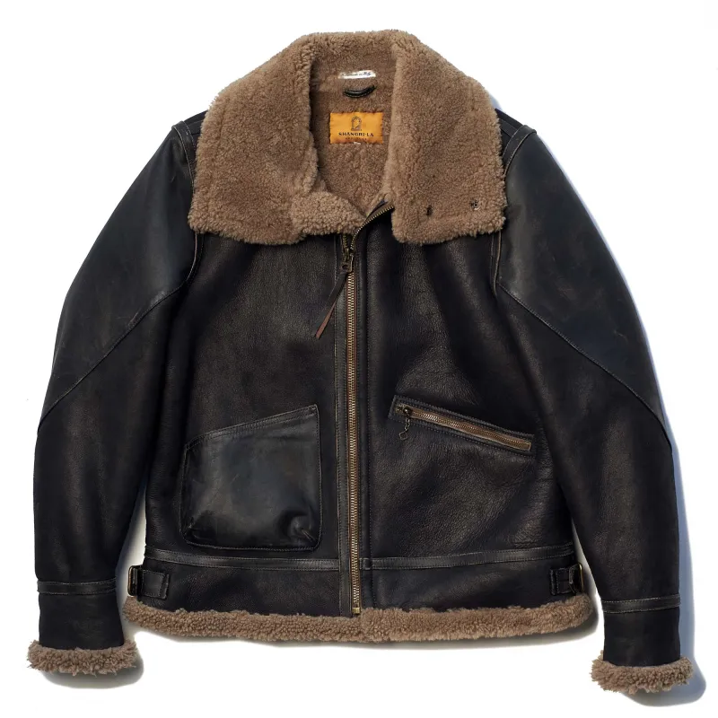 【Shangri-La Heritage】“Aviatore” B-3 Vintage Black Shearling Jacket 黑色手擦茶芯美麗諾毛皮轟炸機夾克 sold by Blue Beach Denim