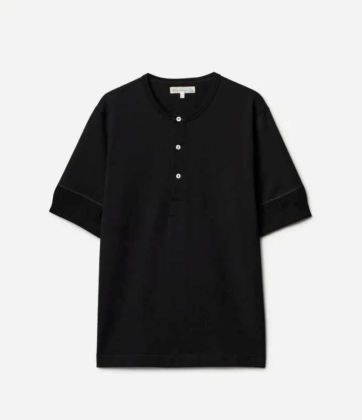 【Merz b. Schwanen】2M07 Mid-Century Machine Short Sleeve Henley Black 黑色復古圓織亨利領短袖Tee sold by Blue Beach Denim