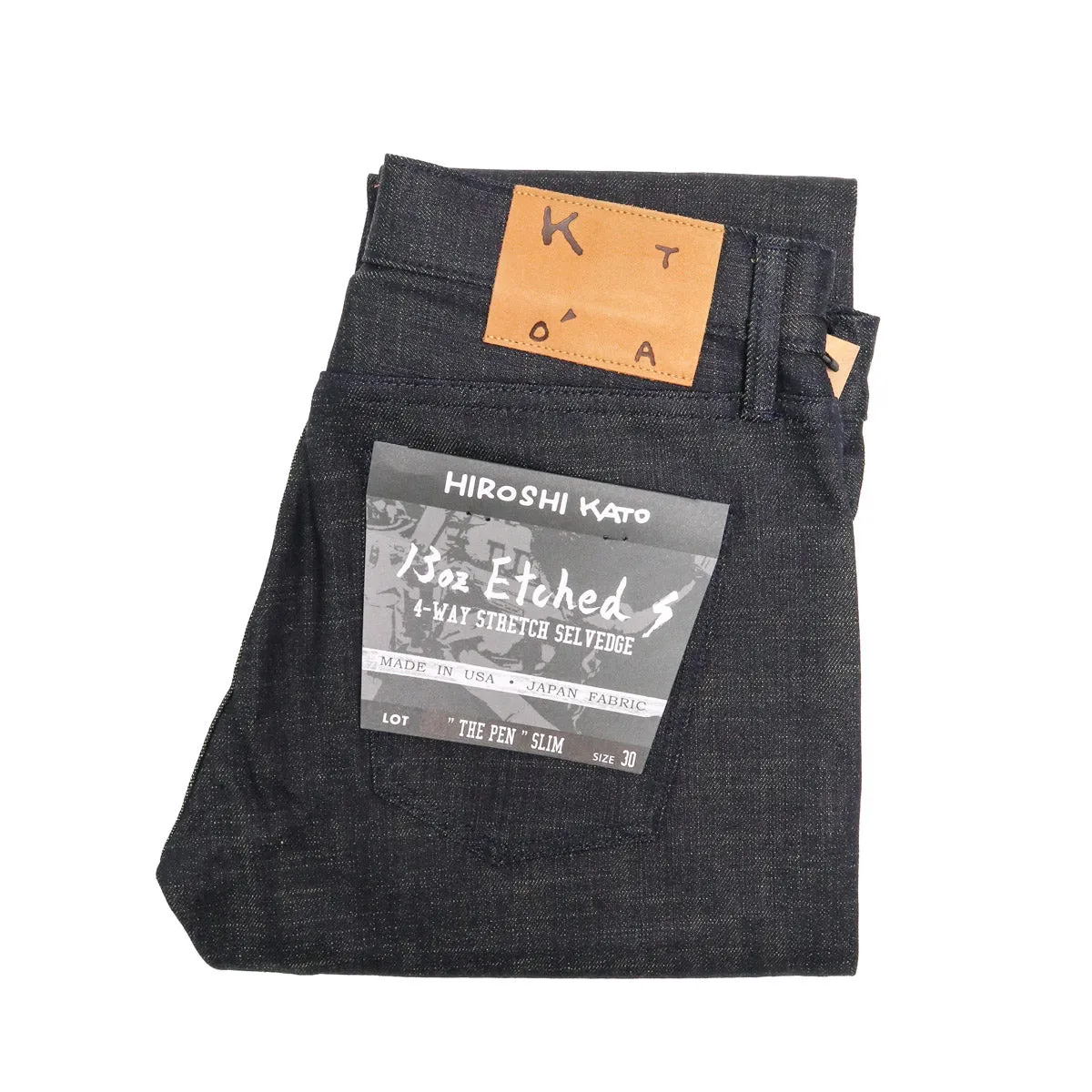 The Pen Etched 13oz Green Tea Raw Selvedge Denim sold by Brooklyn Clothing Co.