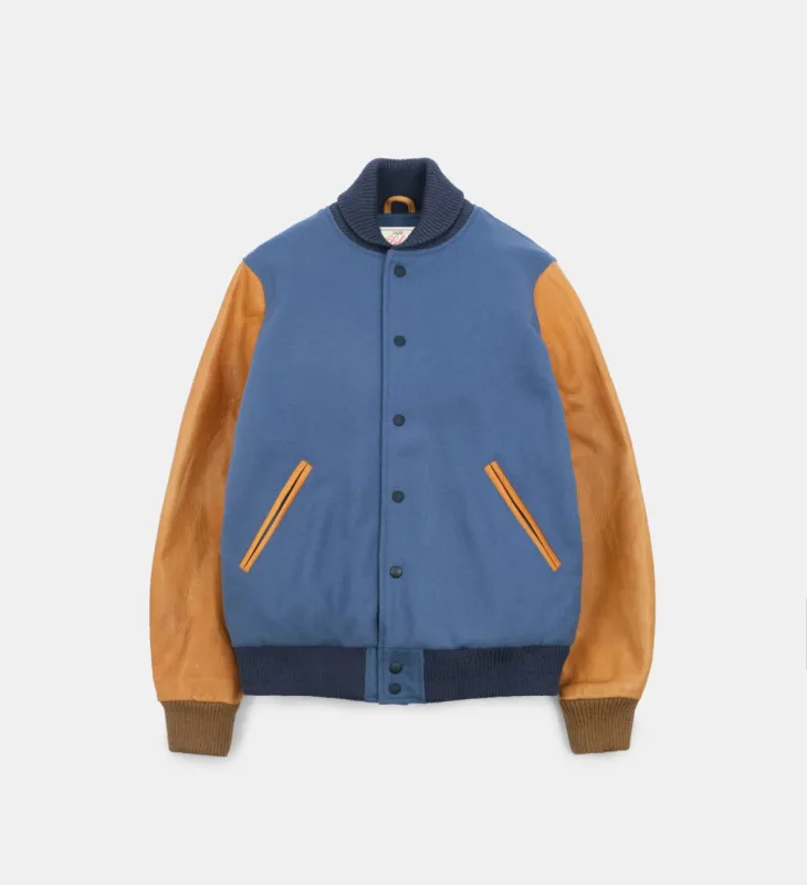 Varsity Jacket Steel Blue Melton/Rust sold by Brooklyn Clothing Co.