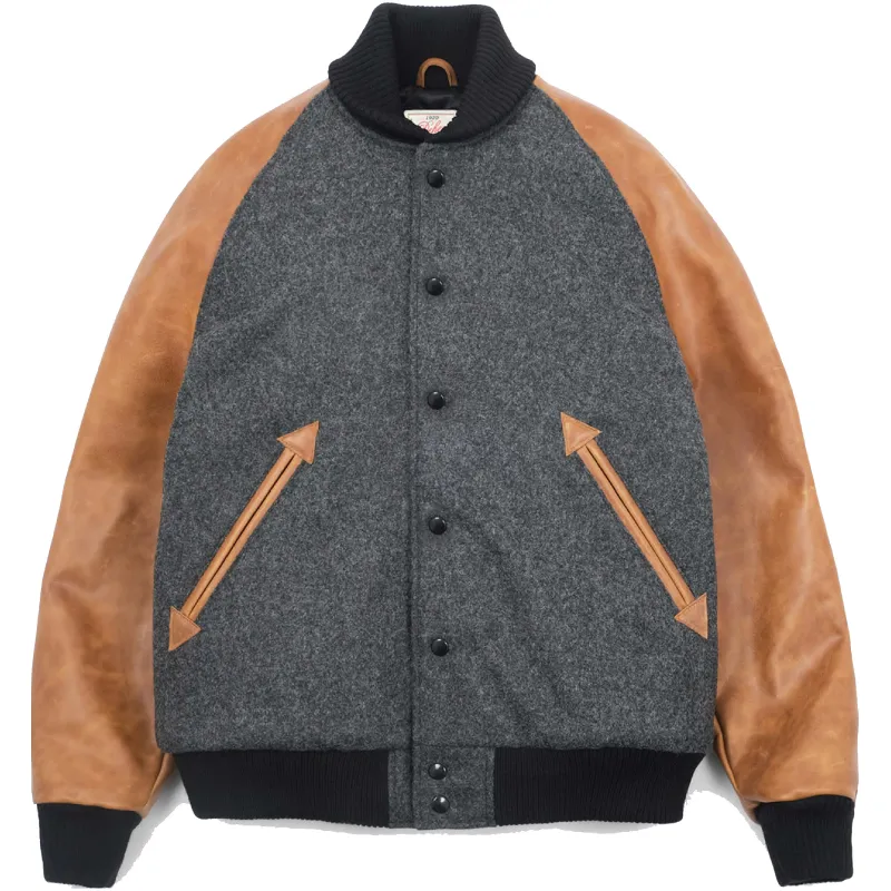 Raglan Varsity Jacket Granite Wool Rust Leather sold by Brooklyn Clothing Co.