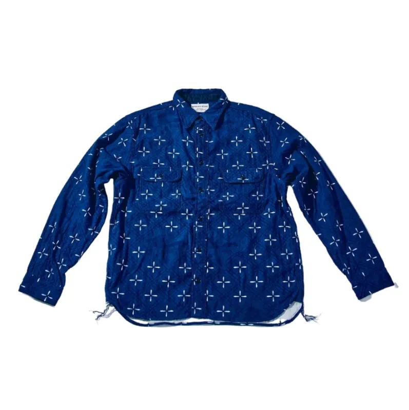 SSS25-02 Narihirabishi Goldfish Pattern Jacquard Work Shirt - Indigo sold by Brooklyn Clothing Co.