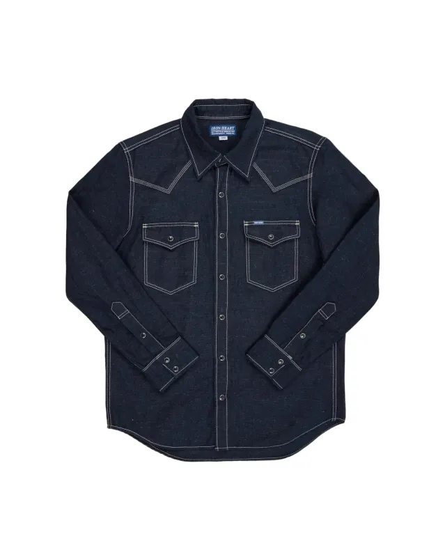 IHSH-444-IND 7oz Cotton Linen Chambray Western Shirt - Indigo made by Iron Heart