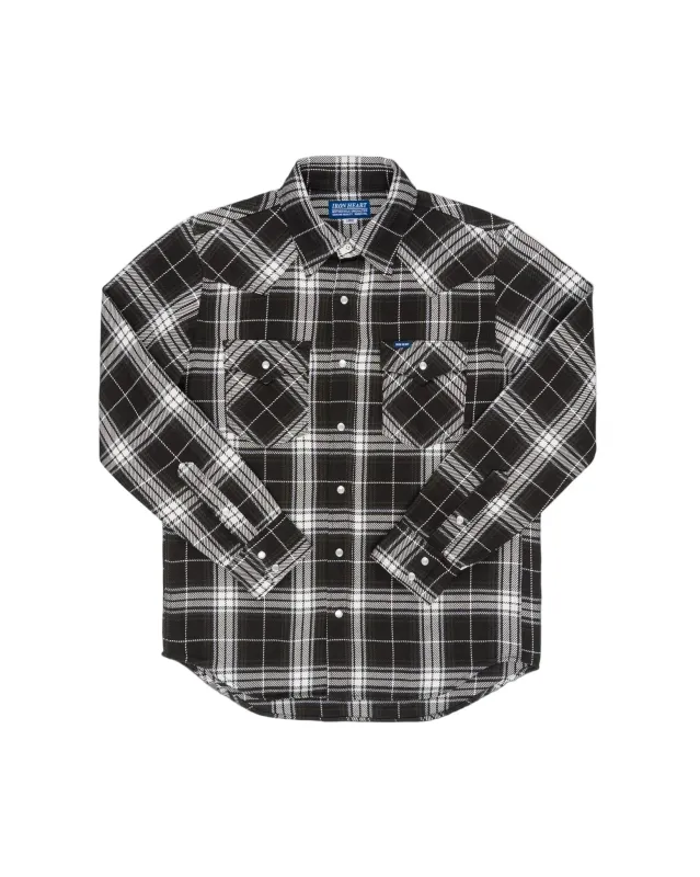 IHSH-439-BLK 9oz Selvedge Flannel Check Western Shirt Black made by Iron Heart