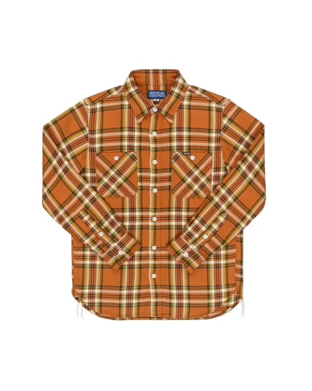 IHSH-442-ORA 9oz Selvedge Flannel Check Work Shirt Orange made by Iron Heart