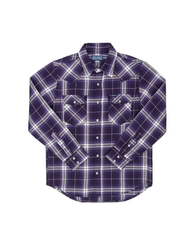 IHSH-439-PUR 9oz Selvedge Flannel Check Western Shirt Purple made by Iron Heart