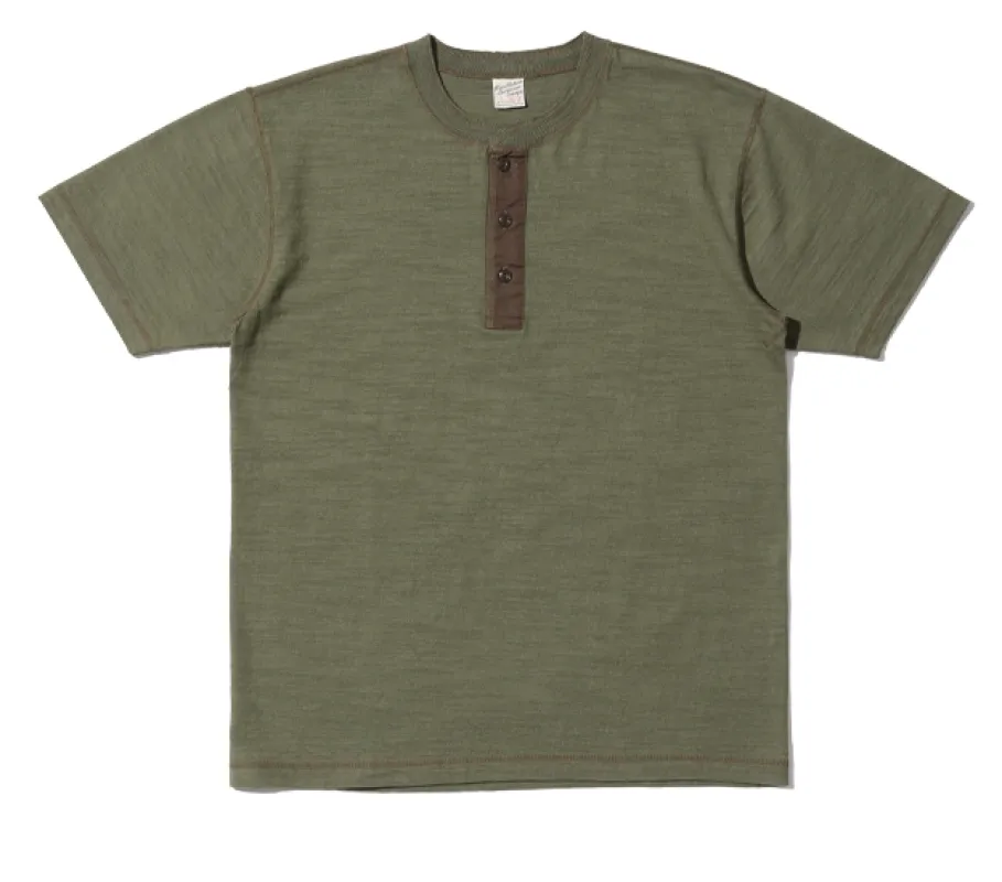 BR79192 Loopwheeled Slub Yarn S/S Henley Olive made by Buzz Rickson’s