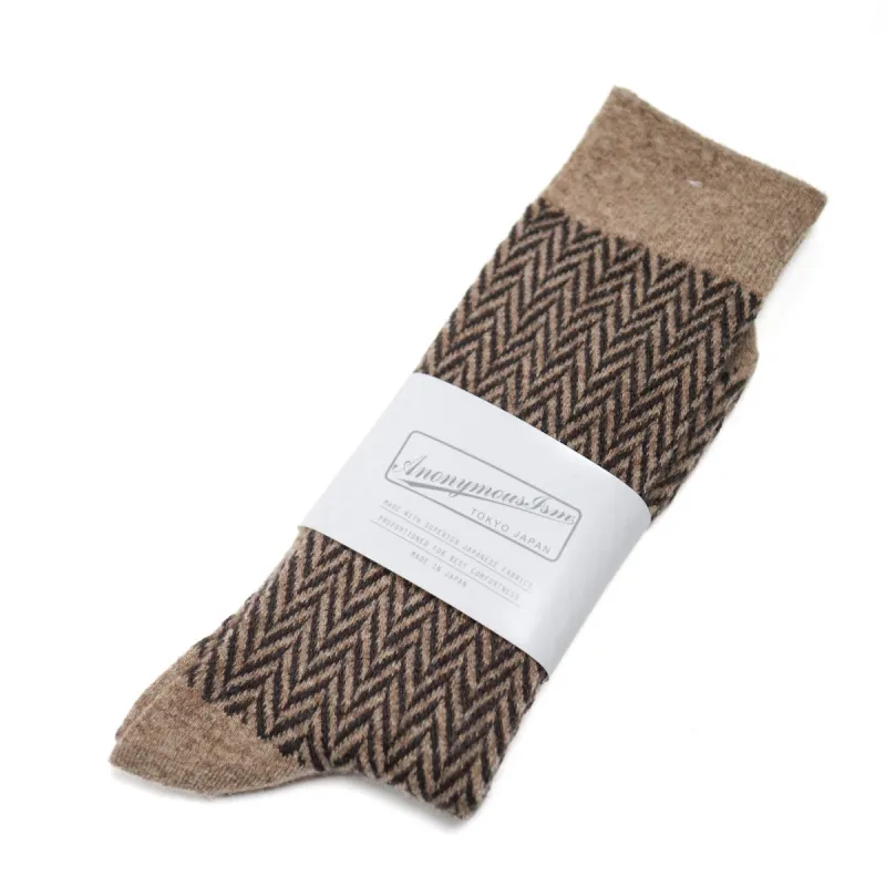 Wool Herringbone Crew Sock Beige made by Anonymous Ism