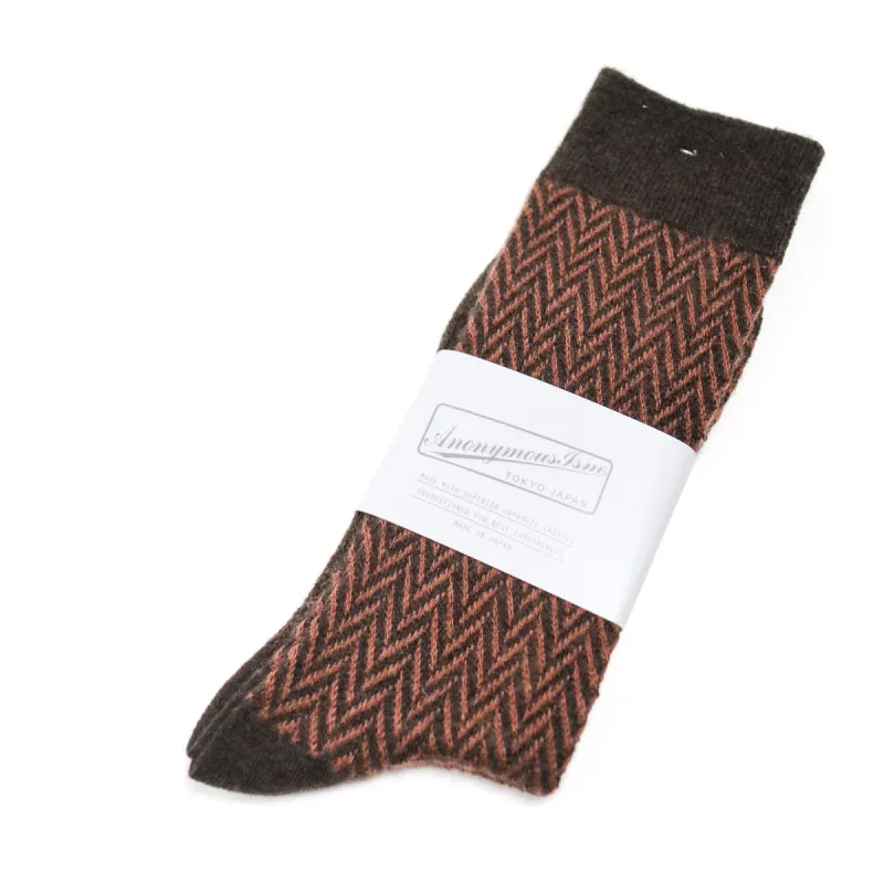 Wool Herringbone Crew Sock Brown made by Anonymous Ism