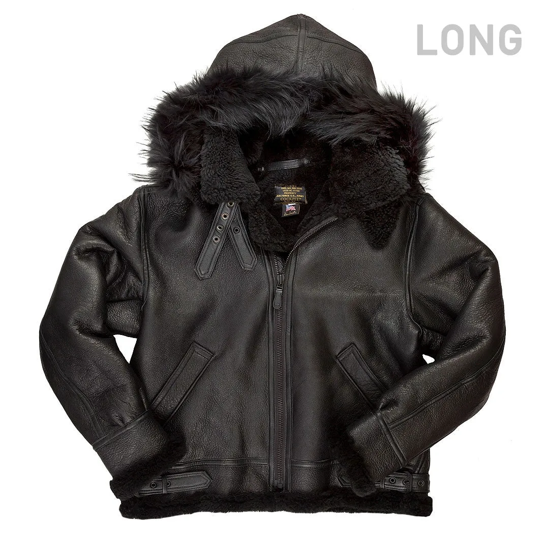 All Black B-3 Hooded Sheepskin Bomber Jacket Long Z203615BL sold by Cockpit USA