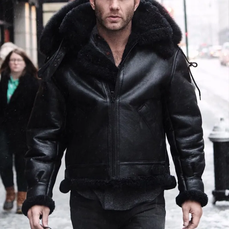 All Black B-3 Hooded Sheepskin Bomber Jacket Z203615B sold by Cockpit USA