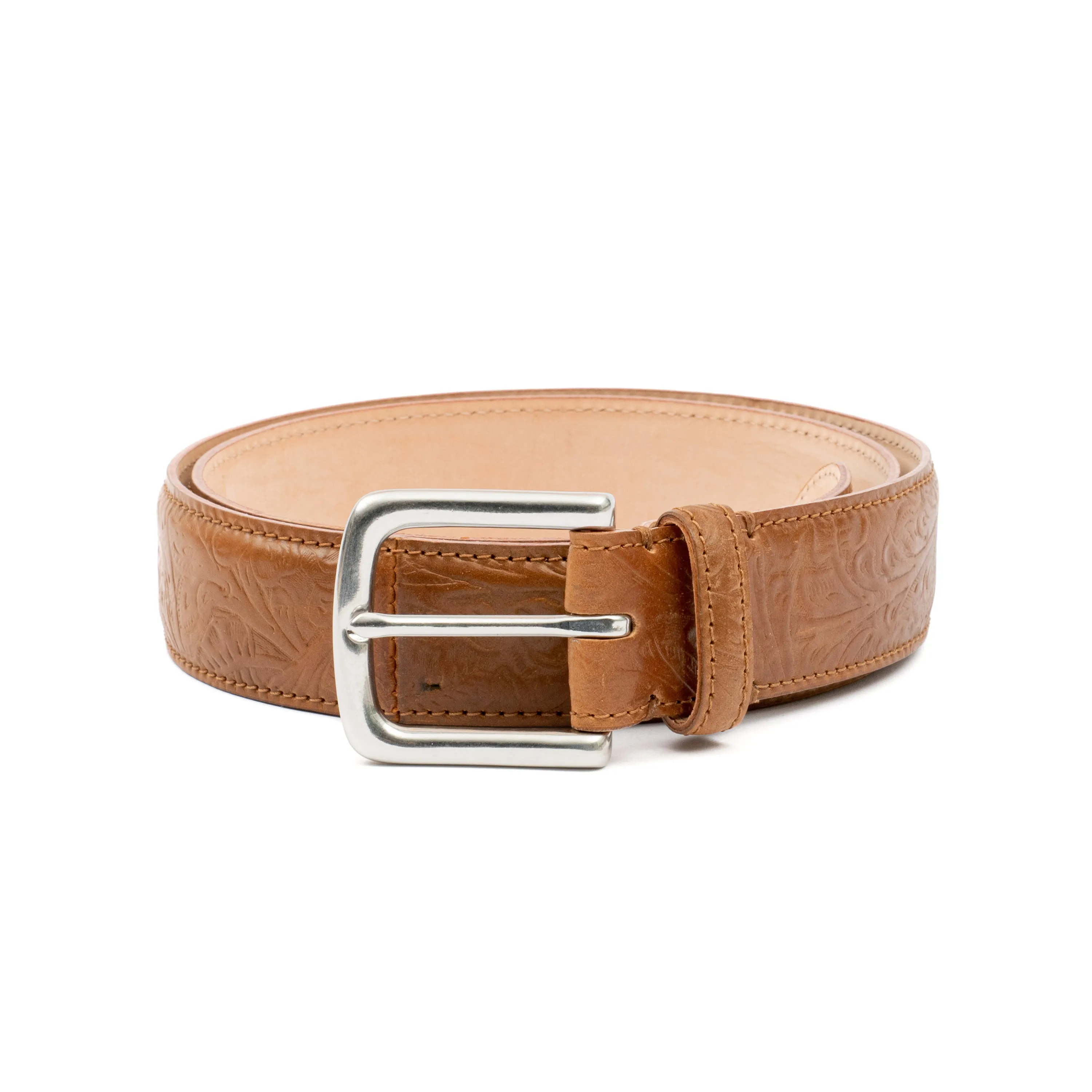 Horween Bourbon Shell Cordovan Leather Belt with Floral Embossing sold by Crown Northampton