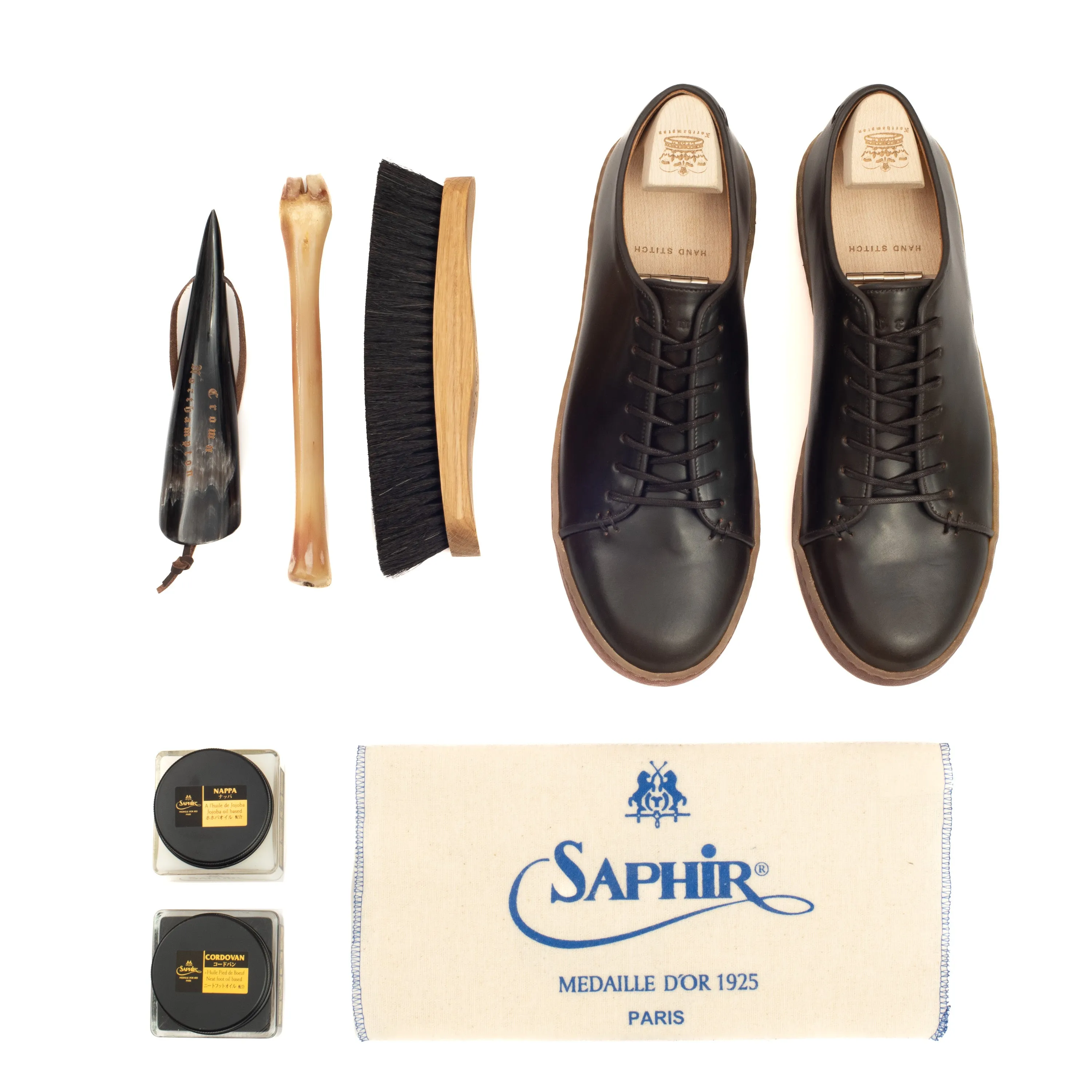 Harlestone Derby - Horween Dark Cognac Shell Cordovan - Deluxe Care Pack sold by Crown Northampton