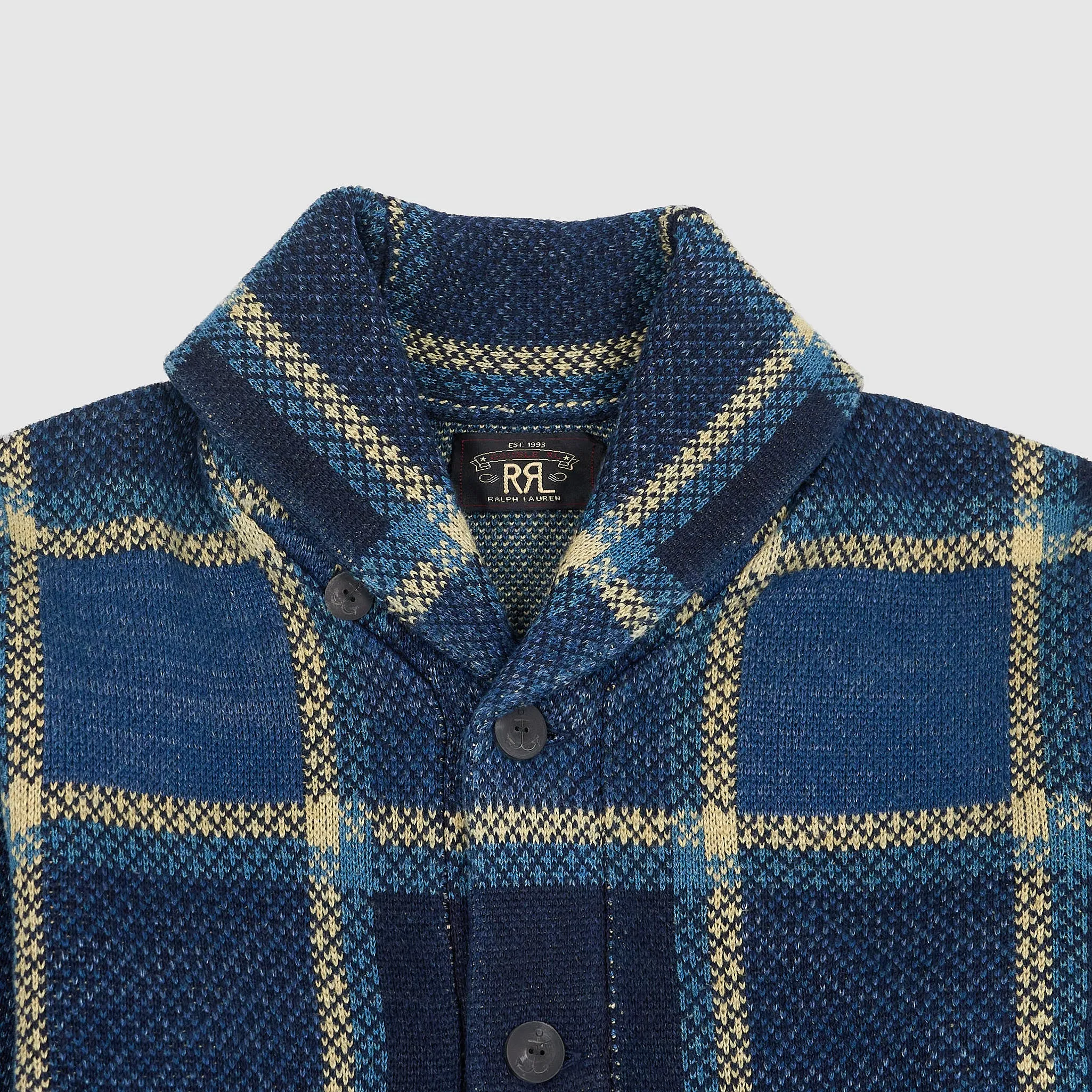 Double RL Shawl Collar Indigo Plaid Cotton-Linen Cardigan sold by DeeCee style product image thumbnail 3