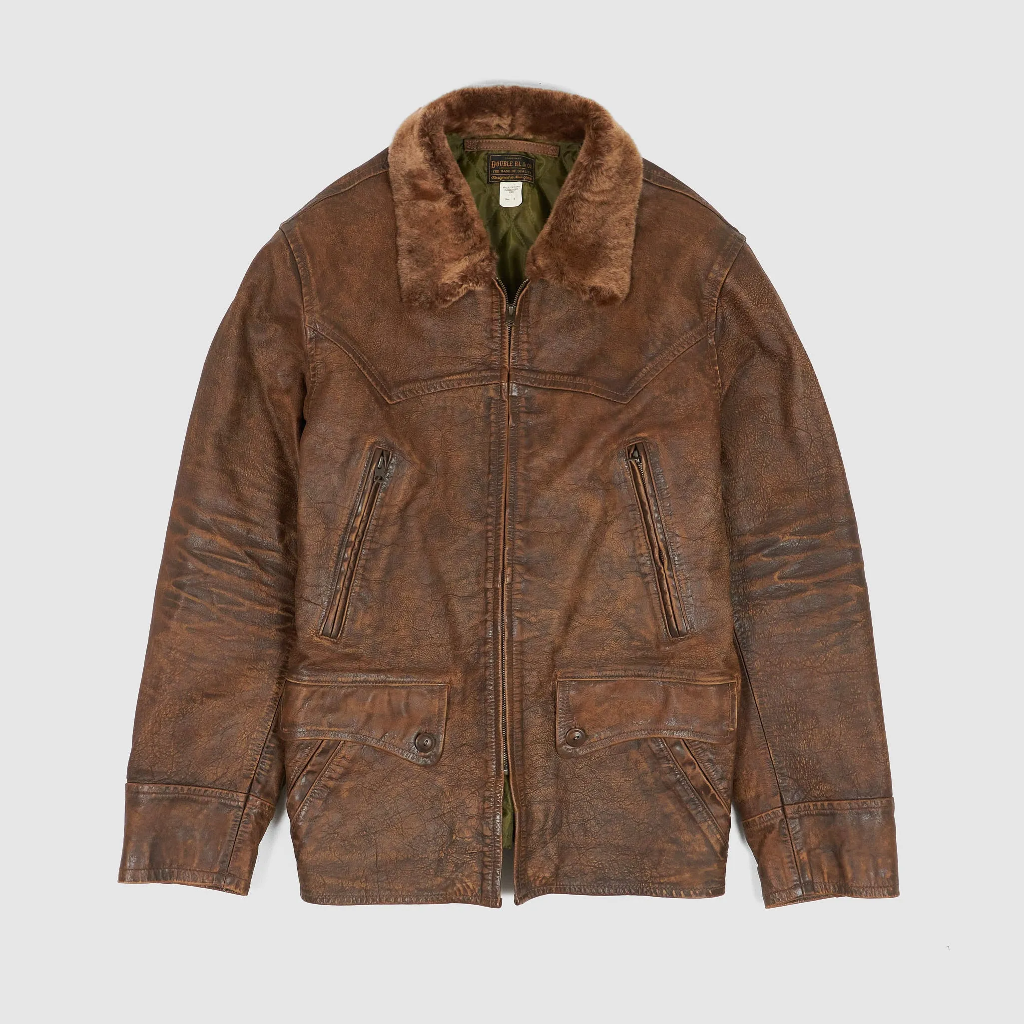 Double RL Shearling Collar Leather Car Coat sold by DeeCee style