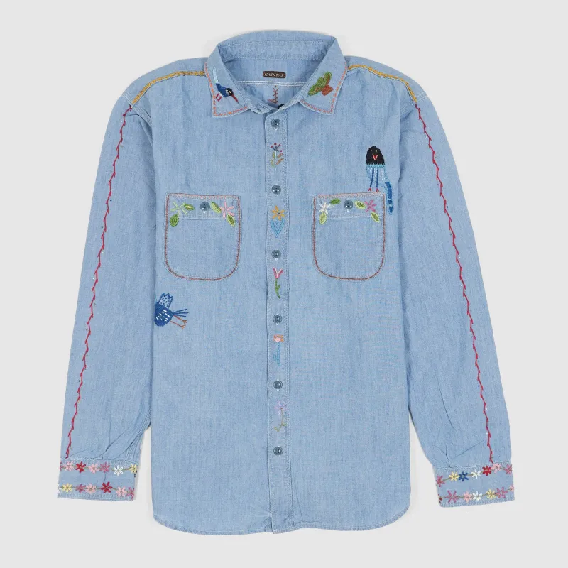 Kapital Long Sleeve Chambray Flower Birds Work Shirt sold by DeeCee style