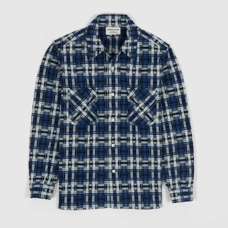 Samurai Medium Weight Jacquard Indigo Plaid Overshirt sold by DeeCee style