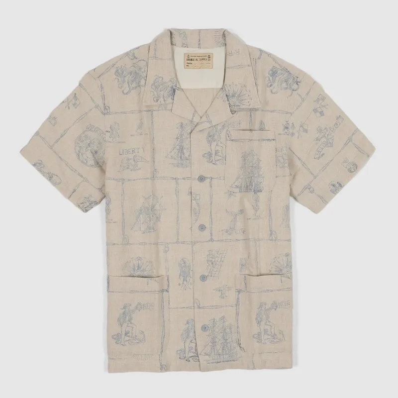 Double RL Indigo Printed Linen Short Sleeve Over Shirt sold by DeeCee style