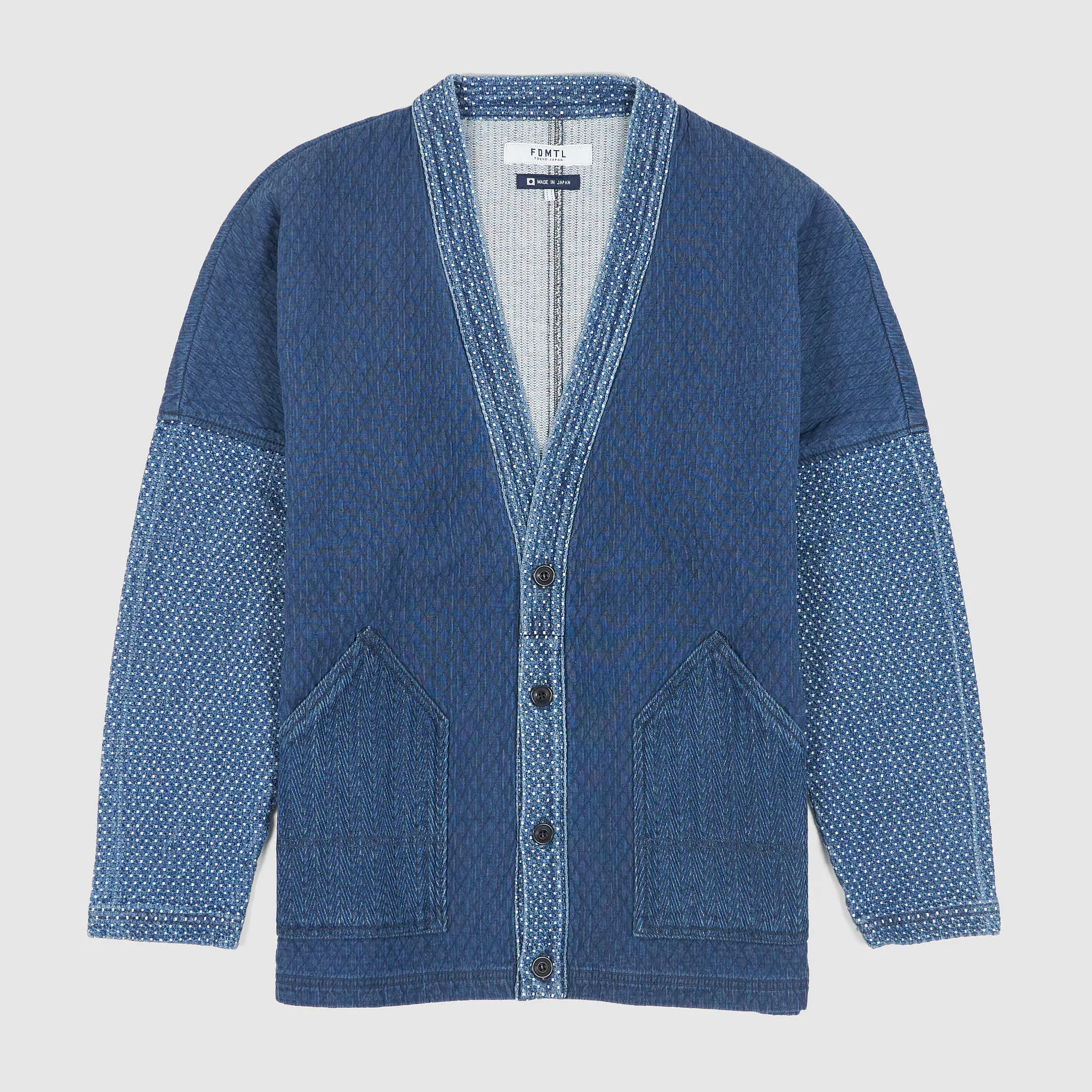 FDMTL Washed Shashiko Patchwork Cardigan sold by DeeCee style