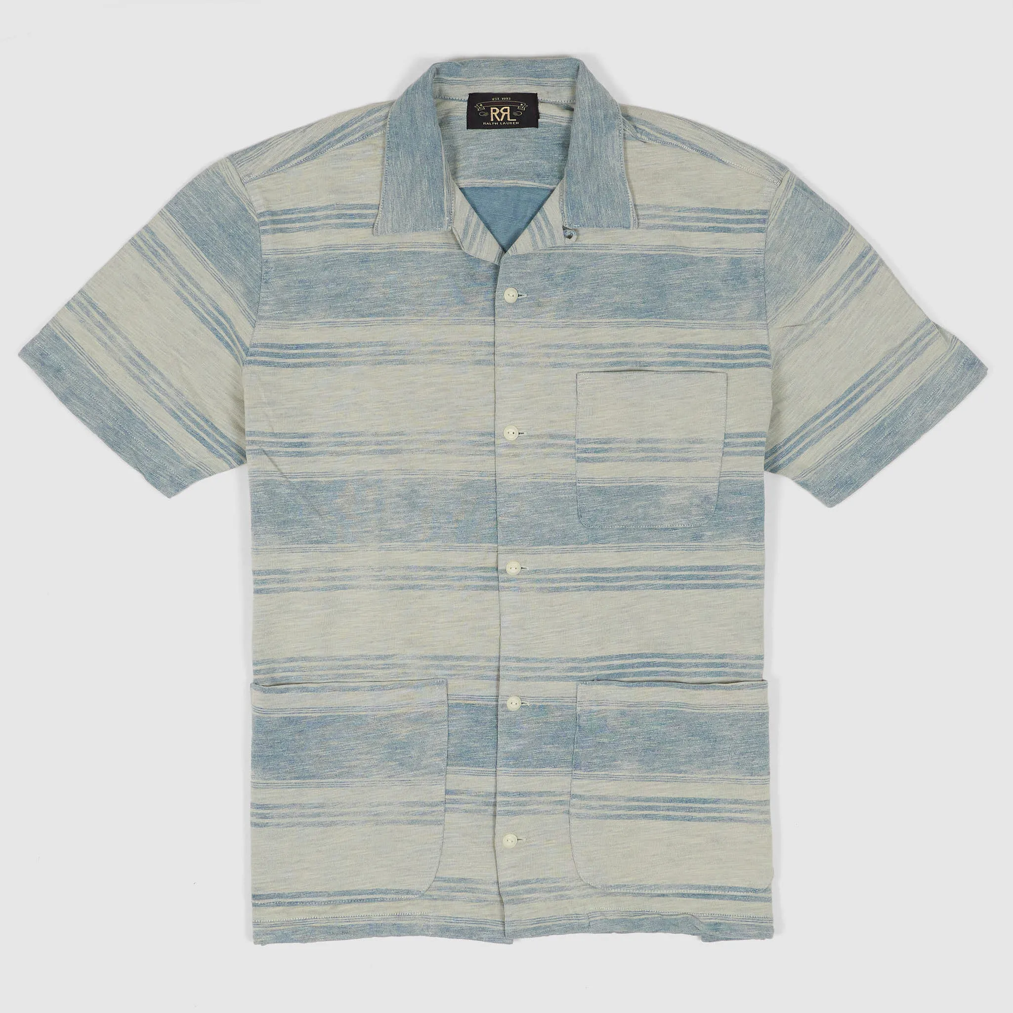 Double RL Short Sleeve Indigo Striped Jersey Camp Shirt sold by DeeCee style