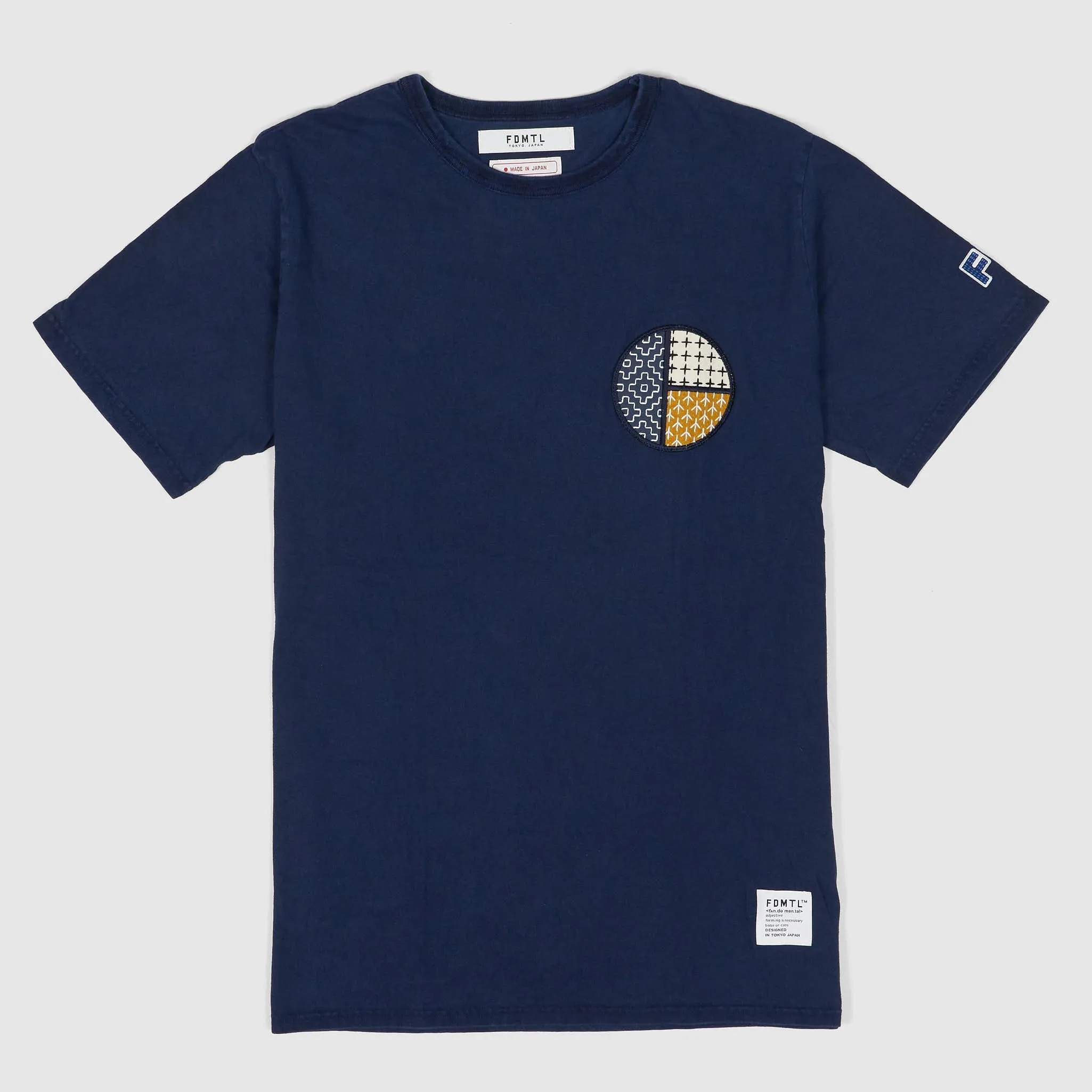 FDMTL Short Sleeve Sashiko Patch Crew Neck Indigo T-Shirt sold by DeeCee style