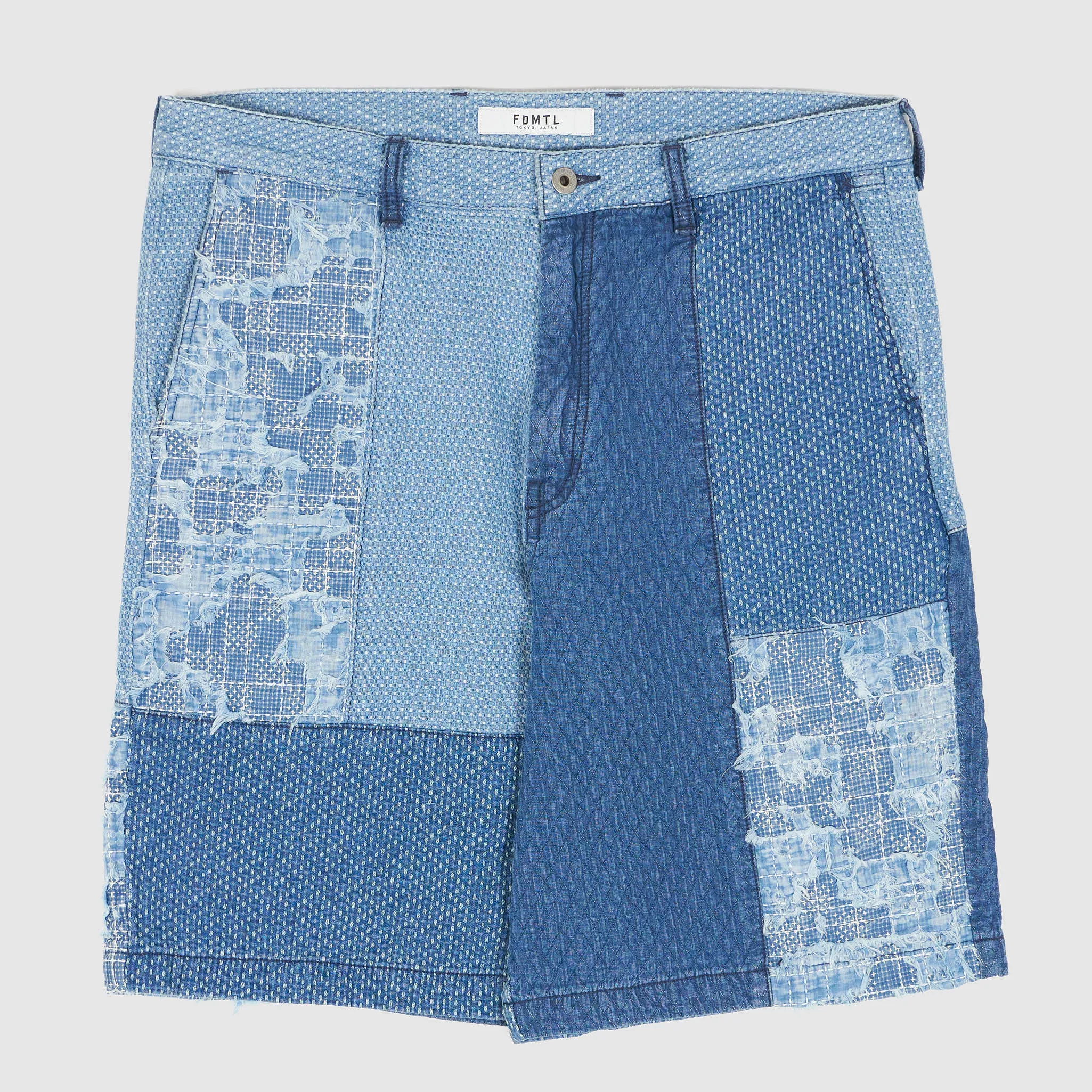 FDMTL Patchwork 3YR Wash Sashiko Bermuda Shorts sold by DeeCee style