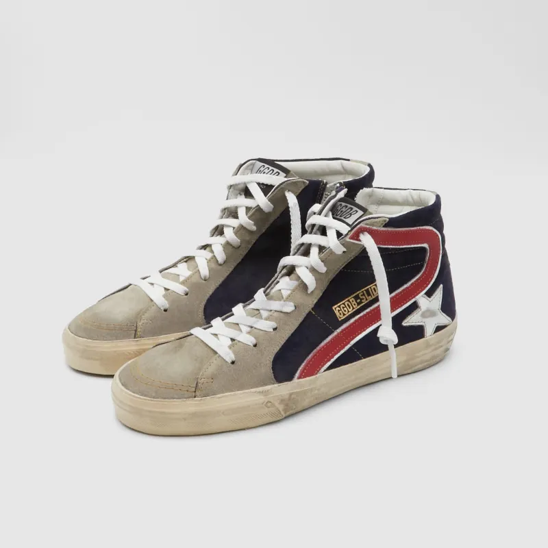 Golden Goose Slide Leather and Suede Sneaker Grey/ Black/ Red sold by DeeCee style