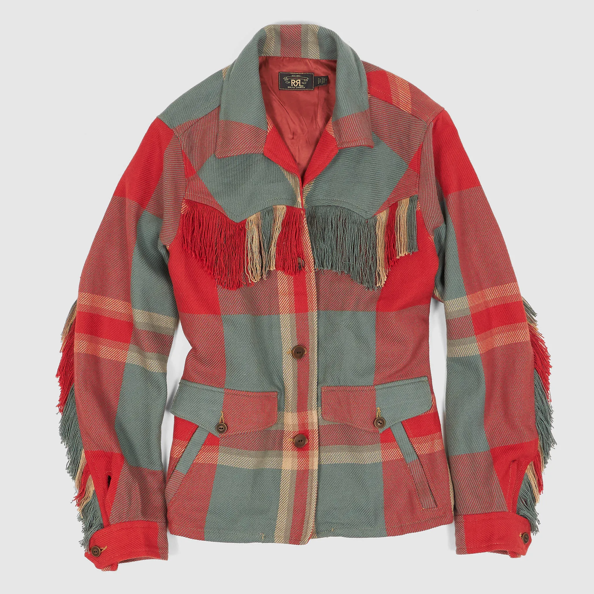 Double RL Ladies Plaid Fringe-Trim Work Jacket sold by DeeCee style