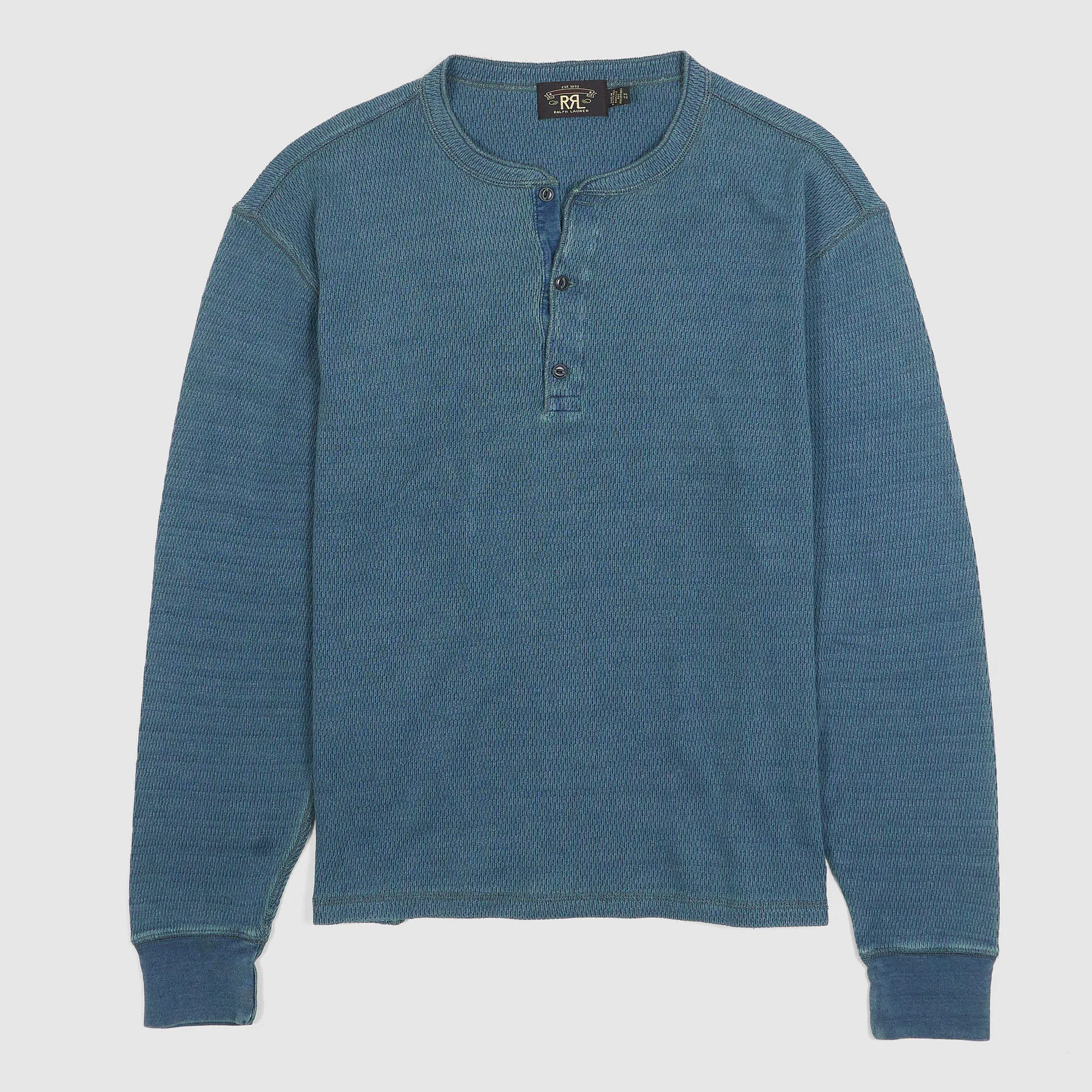 Double RL Long Sleeve Jacquard-Knit Indigo Dyed Henley Shirt sold by DeeCee style