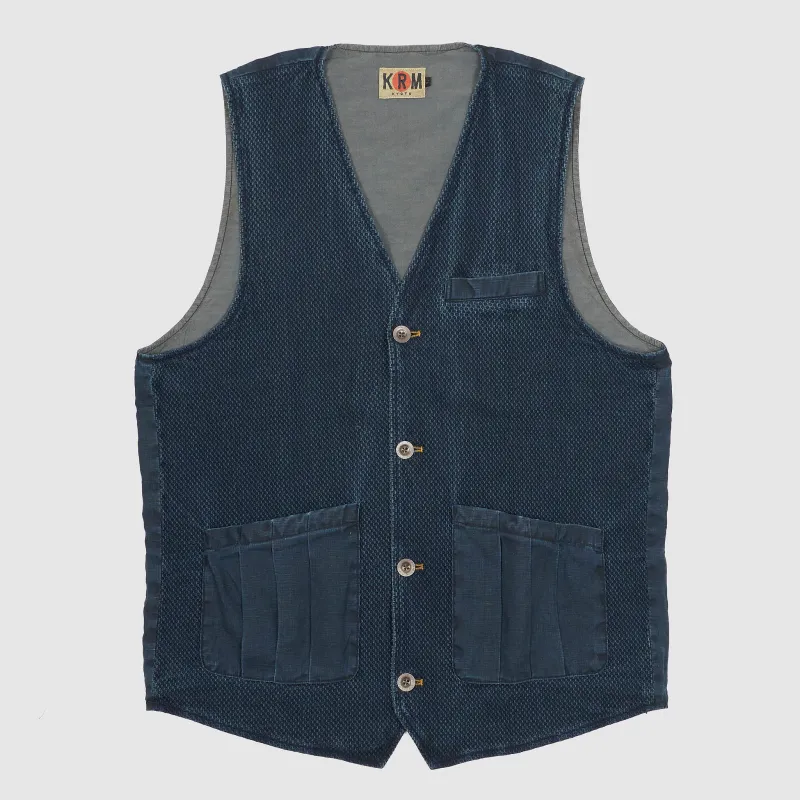 KRM Indigo Dyed Honey Comb Sashiko Vest sold by DeeCee style