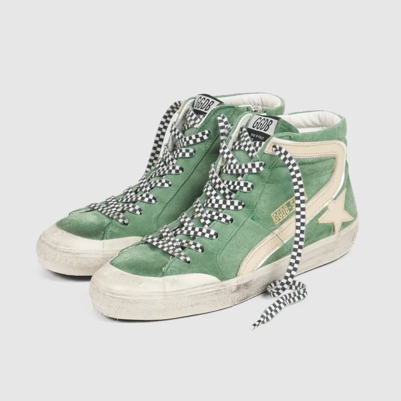Golden Goose Woodgreen Beige Gray Slide Green Suede Sneakers sold by DeeCee style