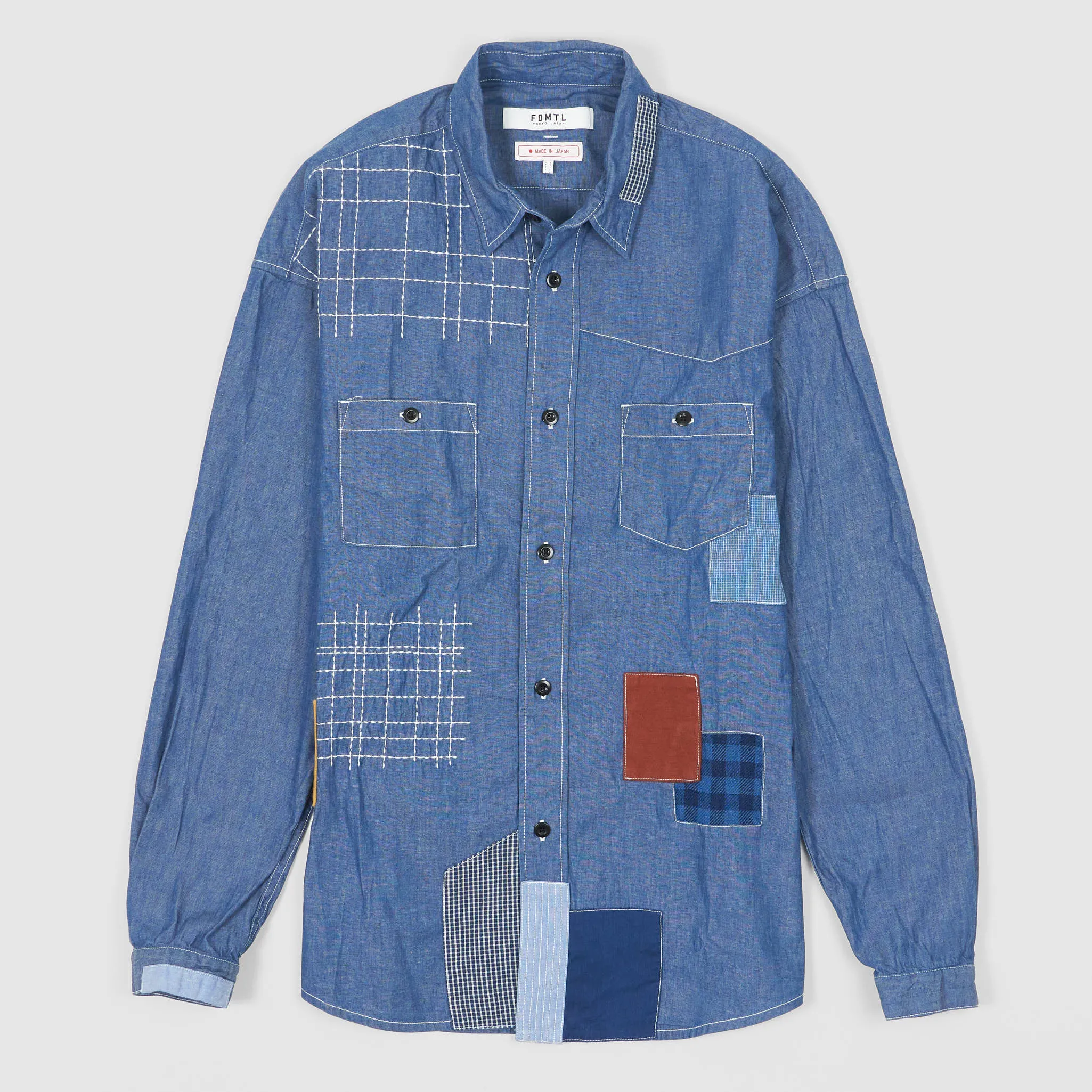 FDMTL Rinsed Chambray Patchwork Shirt sold by DeeCee style